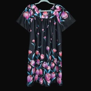 Vintage Tiger Lily Womens Medium Nightgown Black Pink Floral Tulip Sleep Dress
